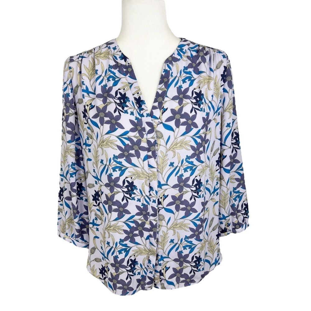 NYDJ Blouse Women Extra Small Purple Floral Print 3/4 Sleeve Button Up Casual